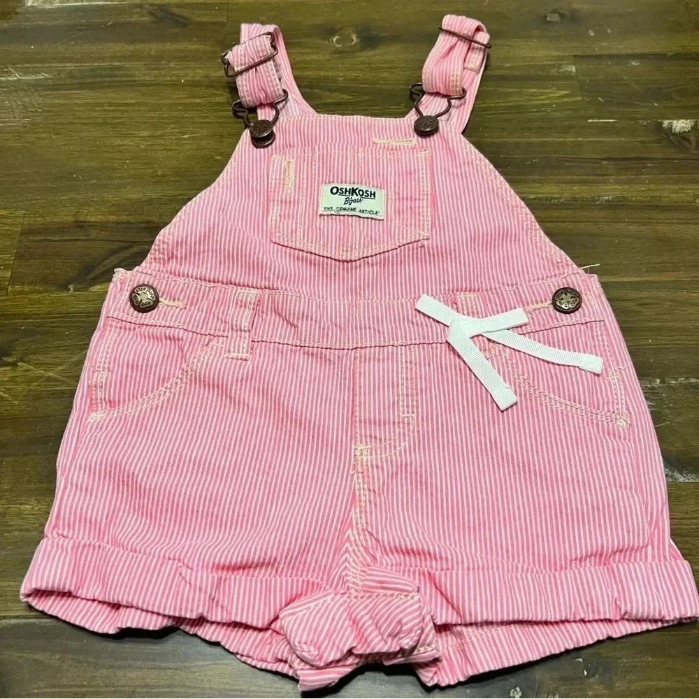 Oshkosh Pink Striped Overalls Girls Bow Shorts 9M
